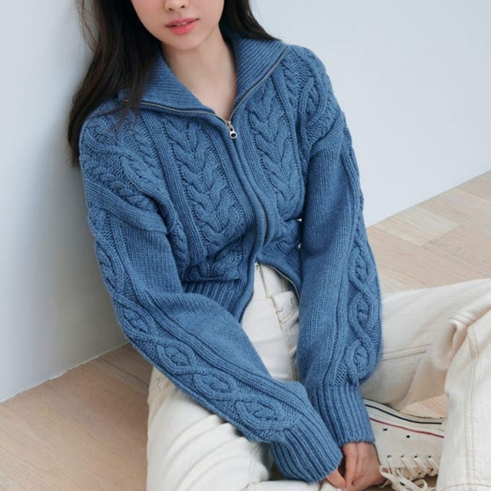 Cable Knit Zipup Cardigan_Blue